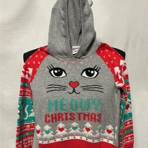 Well Worn Holiday Meow Hooded Sweater with Red & Green Accents